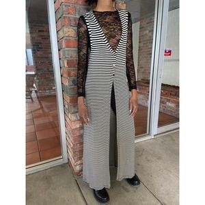 Striped Long Vest | Black White Duster | Long Summer Robe | Sleeveless Cardigan